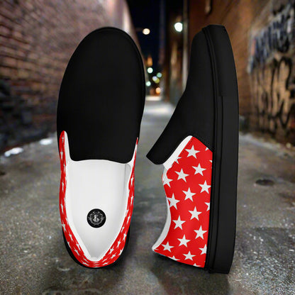 WildSage Market White Star Red Two Tone Slip-On Canvas Shoes with black toe and red star pattern