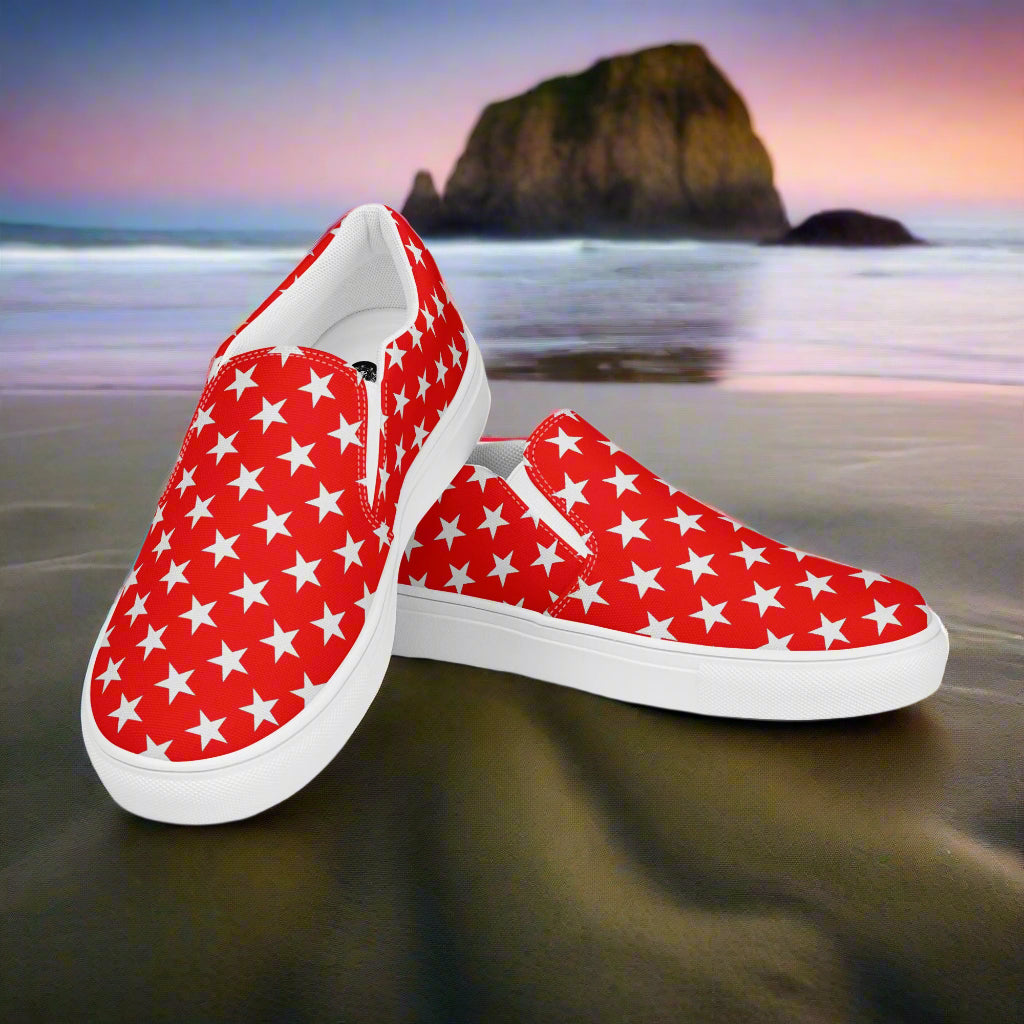 White Star Red Womens Slip On Canvas Shoes by WildSage Market with red and white star pattern