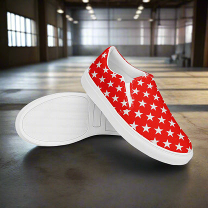 White Star Red Womens Slip On Canvas Shoes from WildSage Market featuring red canvas with white stars and white soles