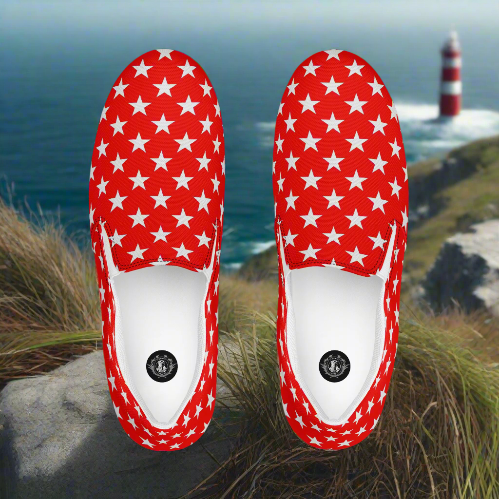 White Star Red Womens Slip On Canvas Shoes by WildSage Market with patriotic star pattern