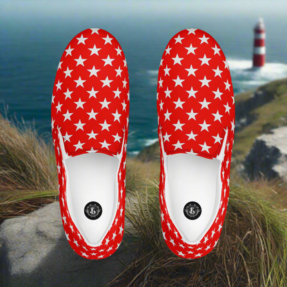 White Star Red Womens Slip On Canvas Shoes by WildSage Market with patriotic star pattern