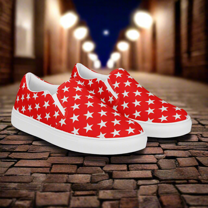 White Star Red Womens Slip On Canvas Shoes by WildSage Market with white star pattern on red background