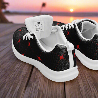 Women’s Custom Athletic Shoes  Black and Red Crimson Diamond Geometric Pattern