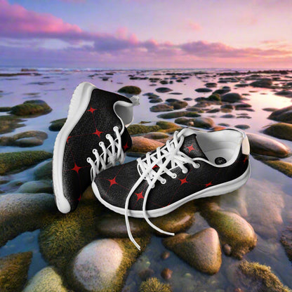 Women’s Custom Athletic Shoes  Black and Red Crimson Diamond Geometric Pattern