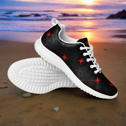 Women’s Custom Athletic Shoes  Black and Red Crimson Diamond Geometric Pattern