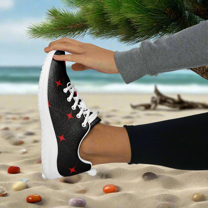 Women’s Custom Athletic Shoes  Black and Red Crimson Diamond Geometric Pattern