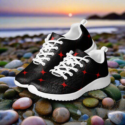 Women’s Custom Athletic Shoes  Black and Red Crimson Diamond Geometric Pattern