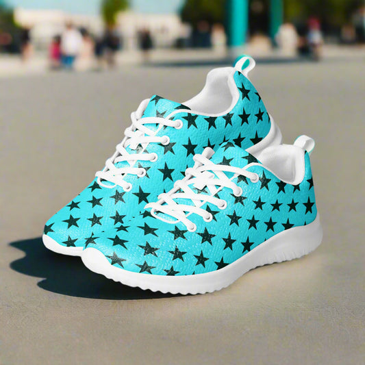 white soled teal colored athletic shoes with a black star pattern