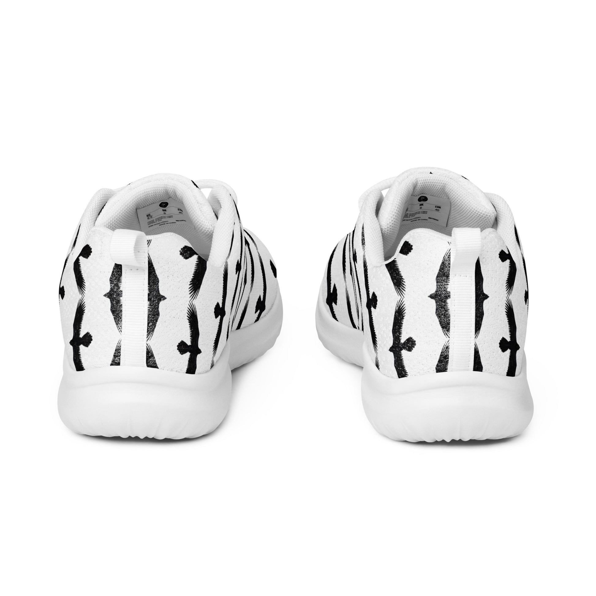 Back view of womens black raven pattern athletic shoes by WildSage Market with white soles