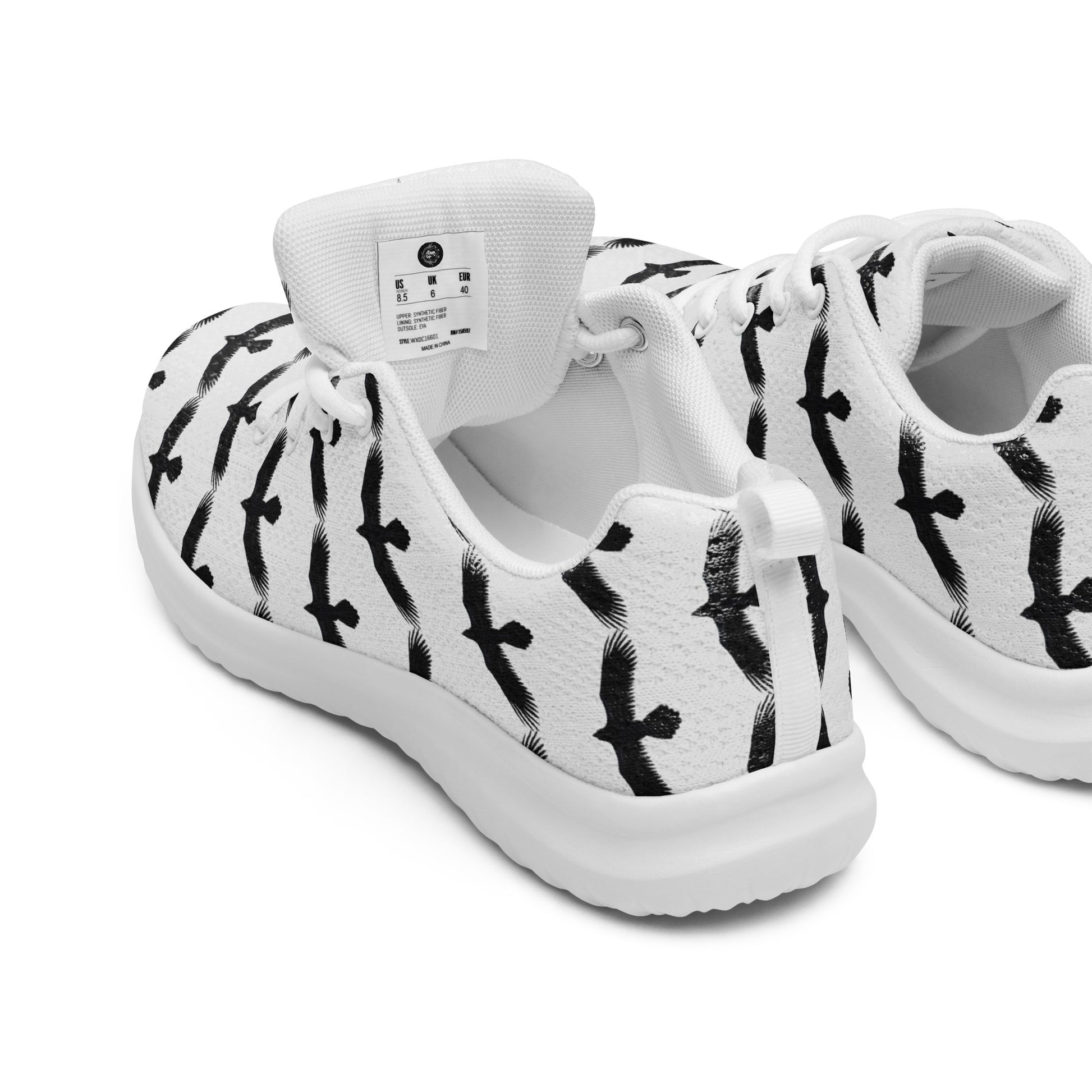 WildSage Market womens black raven pattern athletic shoes with white base and black bird design