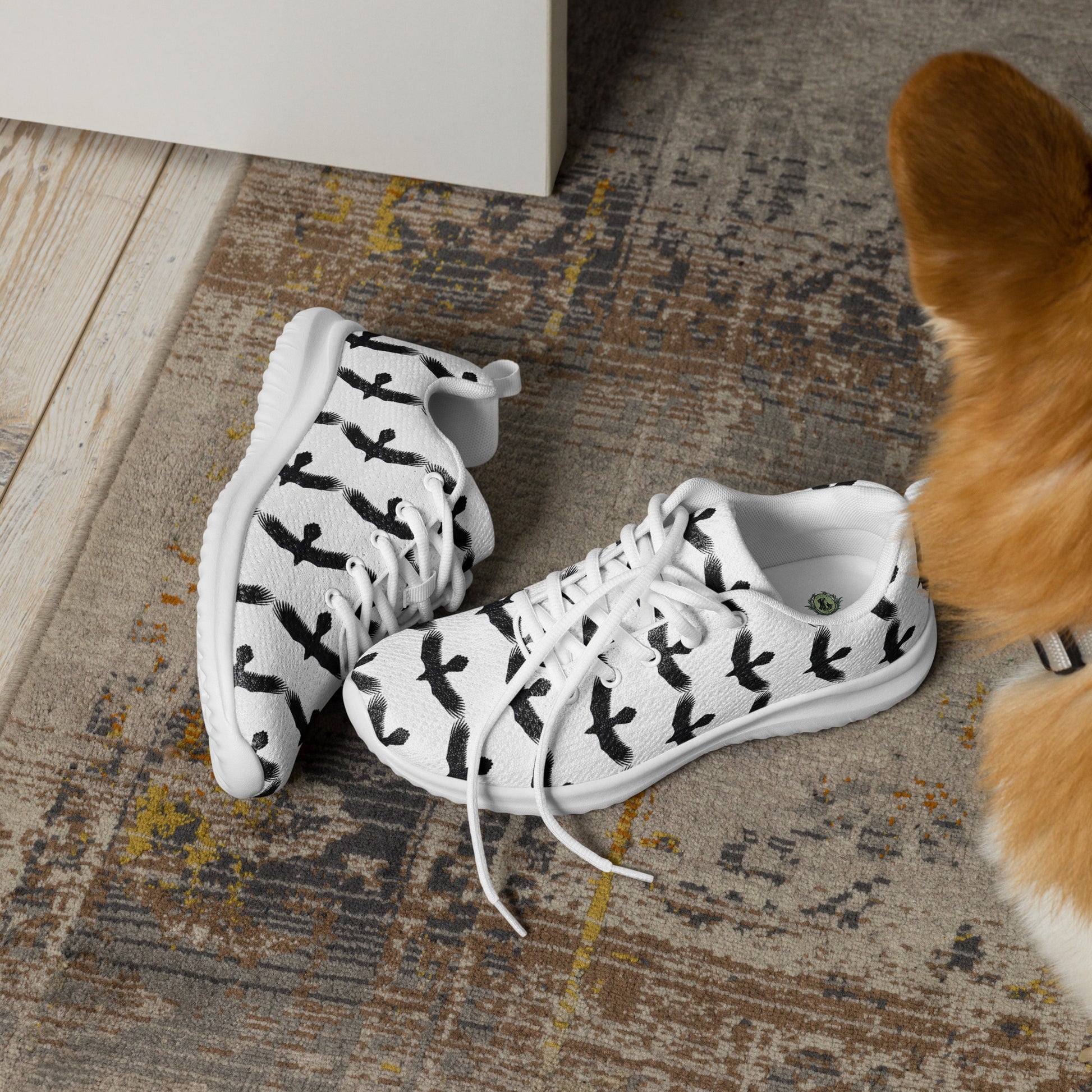WildSage Market womens black raven pattern athletic shoes on rug near dog with white laces