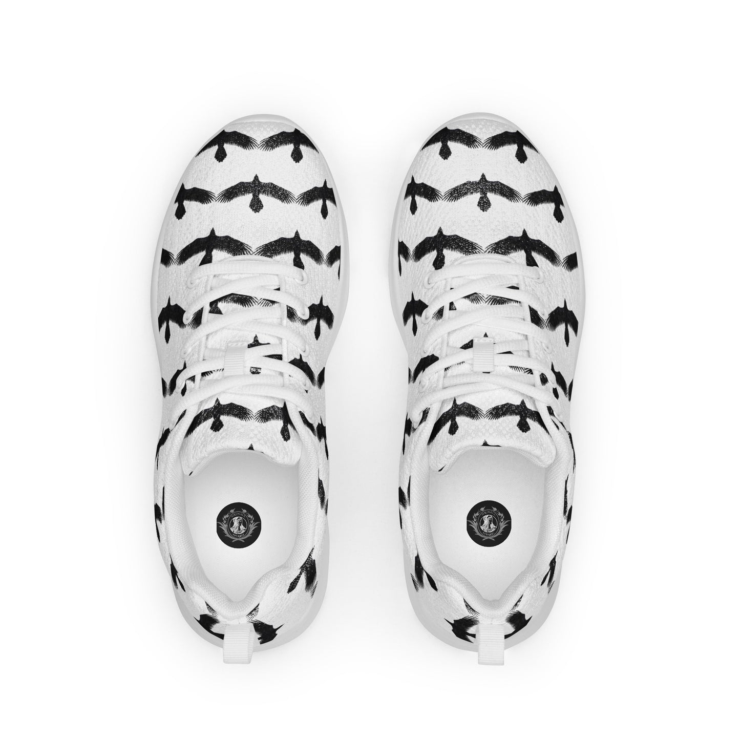 WildSage Market womens black raven pattern athletic shoes with black bird design on white background