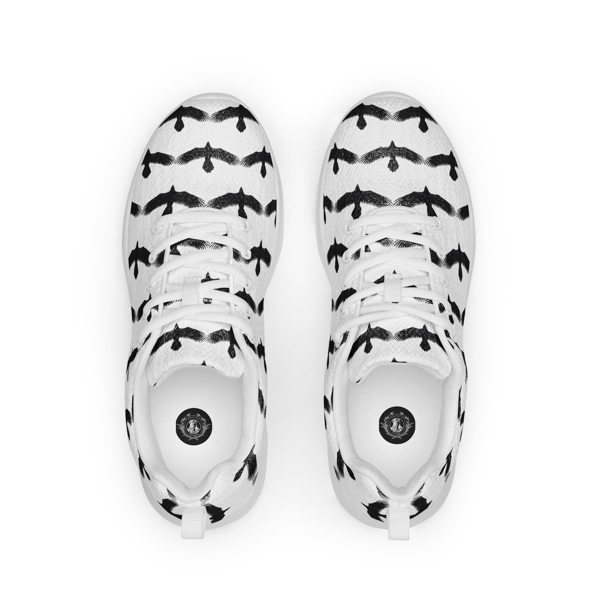 WildSage Market womens black raven pattern athletic shoes with black bird design on white background