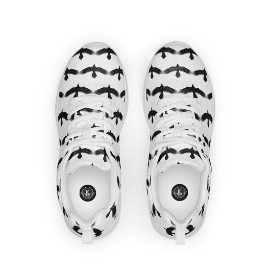 WildSage Market womens black raven pattern athletic shoes with black bird design on white background