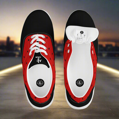 Women’s Custom Black and Red Lace-up Canvas Shoes Red with Black Diamonds Two Tone Saddle Shoe Geometric Pattern