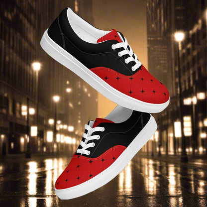 Women’s Custom Lace-up Canvas Shoes Red with a Black Diamond Geometric Pattern Two Tone Design