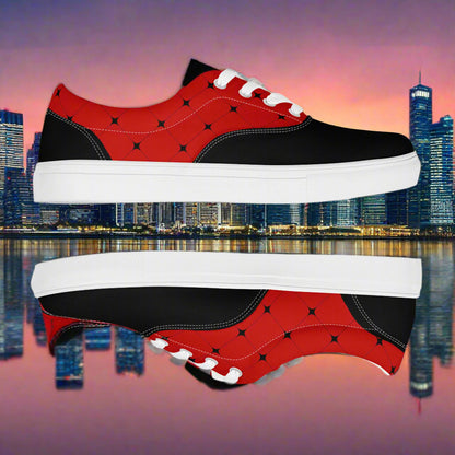 Women’s Custom Black and Red Lace-up Canvas Shoes Red with Black Diamonds Two Tone Saddle Shoe Geometric Pattern