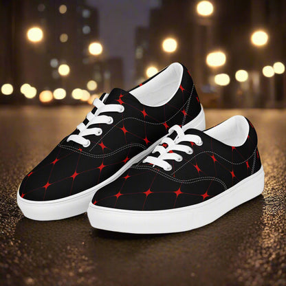Women’s Custom Lace-up Canvas Shoes Crimson Diamond Geometric Pattern