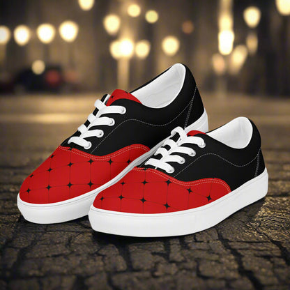 Women’s Custom Lace-up Canvas Shoes Red with a Black Diamond Geometric Pattern Two Tone Design