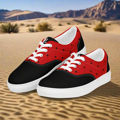 Women’s Custom Black and Red Lace-up Canvas Shoes Red with Black Diamonds Two Tone Saddle Shoe Geometric Pattern