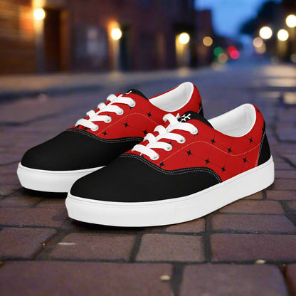Women’s Custom Black and Red Lace-up Canvas Shoes Red with Black Diamonds Two Tone Saddle Shoe Geometric Pattern