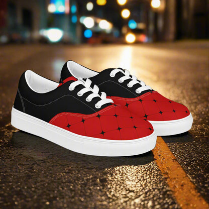 Women’s Custom Lace-up Canvas Shoes Red with a Black Diamond Geometric Pattern Two Tone Design