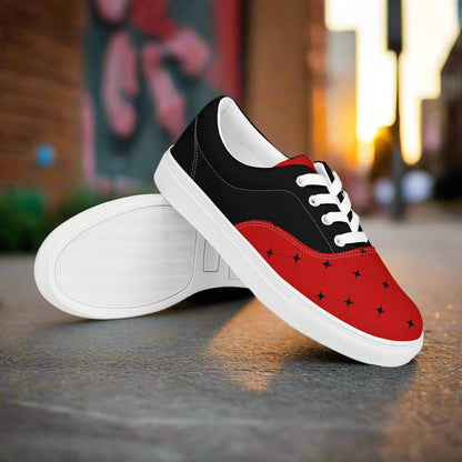 Women’s Custom Lace-up Canvas Shoes Red with a Black Diamond Geometric Pattern Two Tone Design