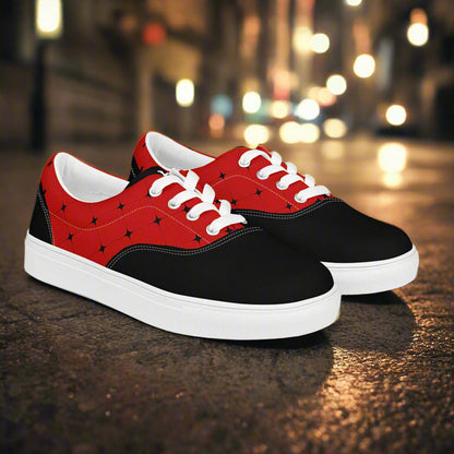 Women’s Custom Black and Red Lace-up Canvas Shoes Red with Black Diamonds Two Tone Saddle Shoe Geometric Pattern