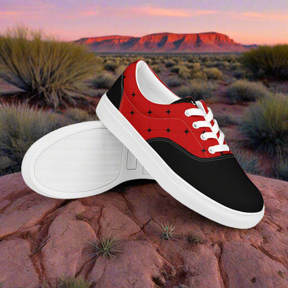 Women’s Custom Black and Red Lace-up Canvas Shoes Red with Black Diamonds Two Tone Saddle Shoe Geometric Pattern