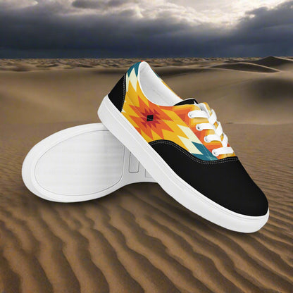 Women’s Custom Southwest Print Lace-up Canvas Shoes Native American Geometric Pattern Two Tone Saddle Shoes 