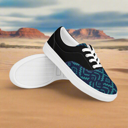 Women's custom lace up canvas sneakers with a Southwest inspired print, blue and turquoise