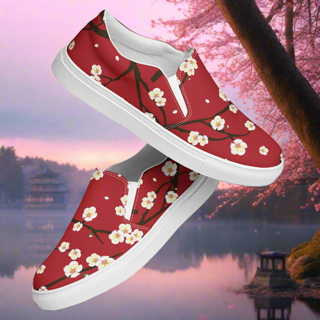 WildSage Market womens Red Blossom floral print slip on shoes with white sole on scenic background