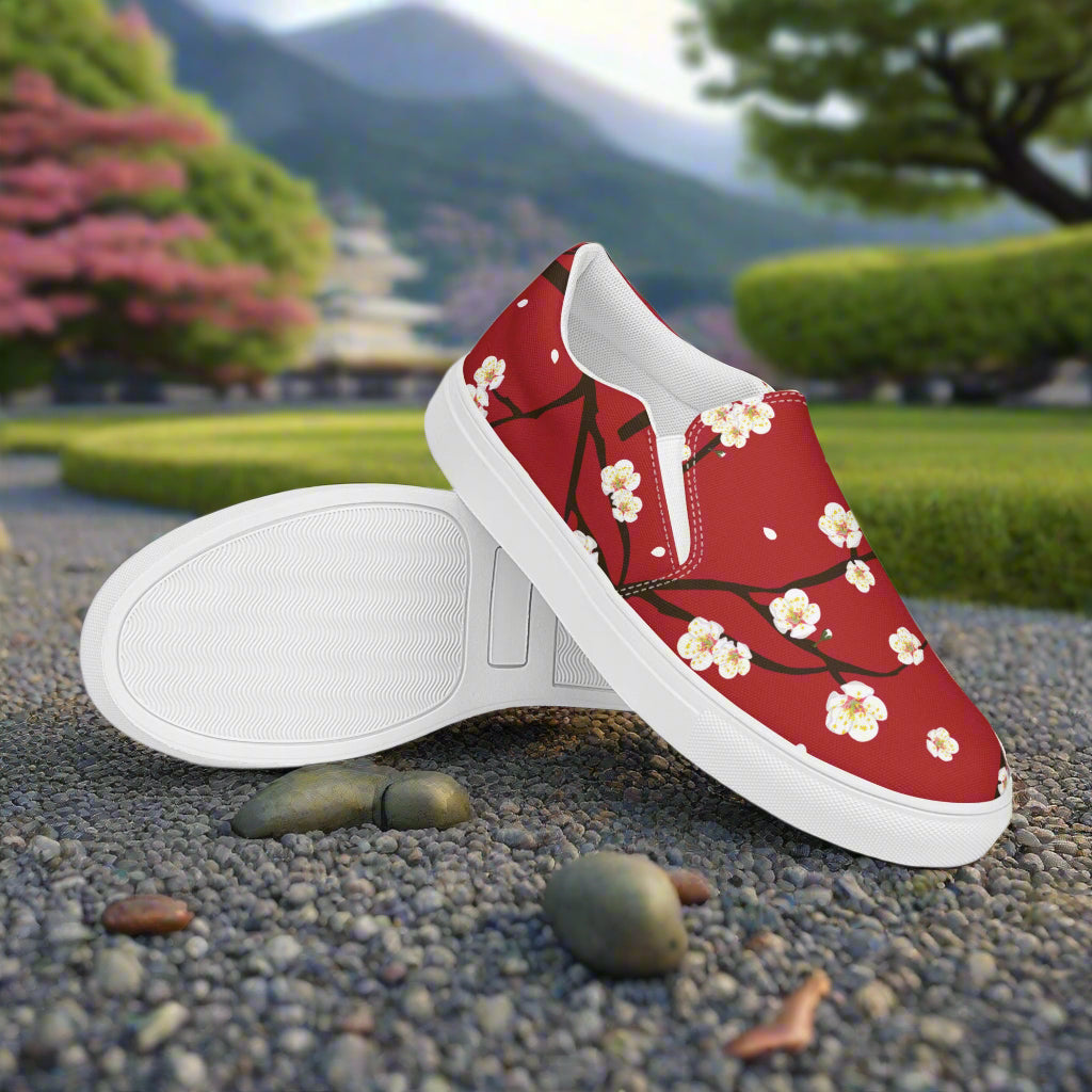 Womens Red Blossom floral print slip on shoes by WildSage Market with white soles and cherry blossom design