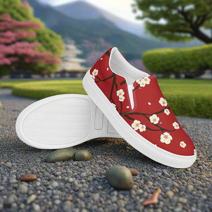 Womens Red Blossom floral print slip on shoes by WildSage Market with white soles and cherry blossom design