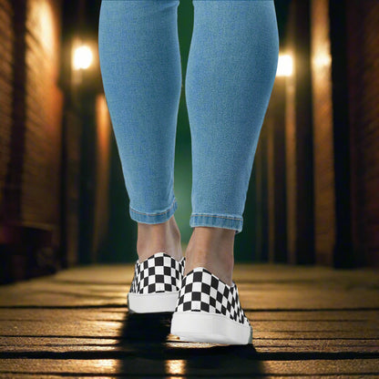 Women’s Custom Slip-on Canvas Shoes, Black Checkered Pattern on White Canvas