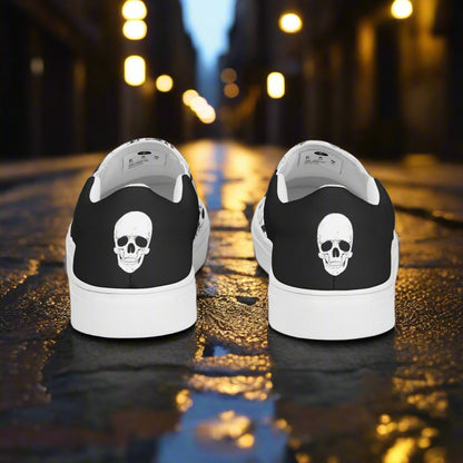 Women’s Custom Streetwear Style Designer Slip-On Canvas Sneakers, White With Black Line Skulls Halftone