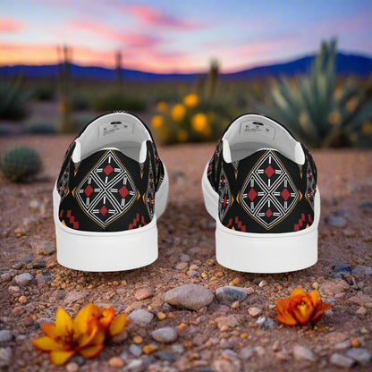 Southwest Print Women’s Slip-on Canvas Shoes Black, Silver and Red Geometric Pattern