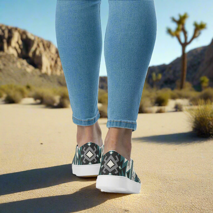 Women’s Southwest Print, Slip-on Canvas Shoes, Native American, Geometric Pattern, Green on White canvas