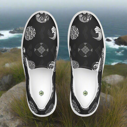 Women’s Custom Asian Print, Slip-on Canvas Shoes, Black with traditional Japanese Crests Pattern