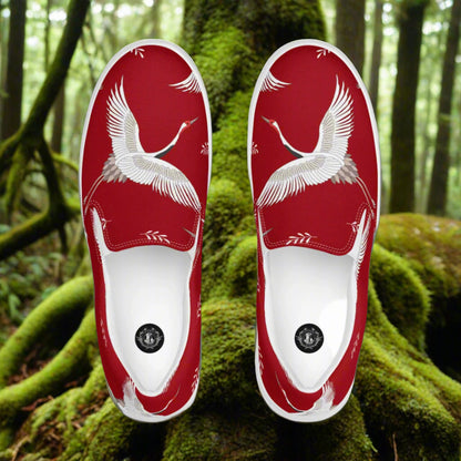 Women’s Custom, Asian Animal Print, Slip-on Canvas Shoes, Red Background with White Flying Cranes