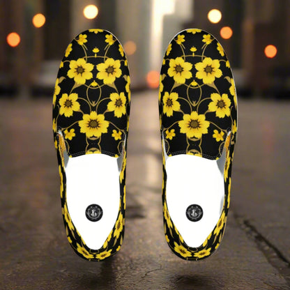 Custom Women’s Slip-on Canvas Shoes, Floral Print, Yellow Blooms on Black
