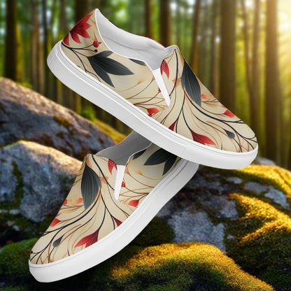 Women’s Custom Floral Print Slip-on Canvas Shoes, Orange, Black and Beige - Autumn Fire