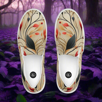 Women’s Custom Floral Print Slip-on Canvas Shoes, Orange, Black and Beige - Autumn Fire