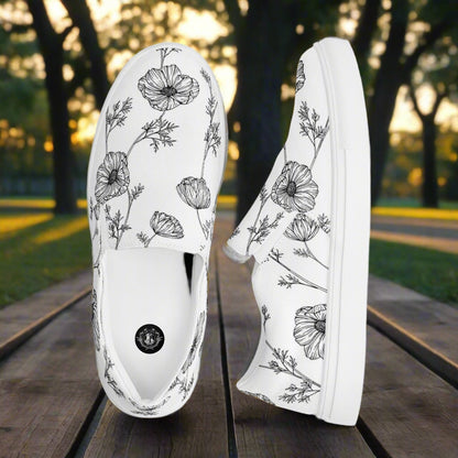 Women’s Floral Print, Slip-on Canvas Shoes, White with Black Poppy Pattern