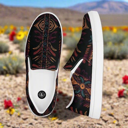 Women’s Southwest Print, Slip-on Canvas Shoes, Native American, Geometric Pattern, Iktomi