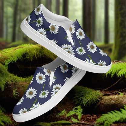 Women’s Custom Slip-on Canvas Shoes, Floral Print, White Daisies on Navy Blue Canvas