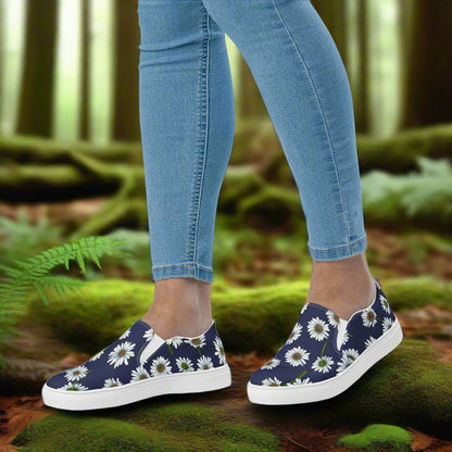 Women’s Custom Slip-on Canvas Shoes, Floral Print, White Daisies on Navy Blue Canvas