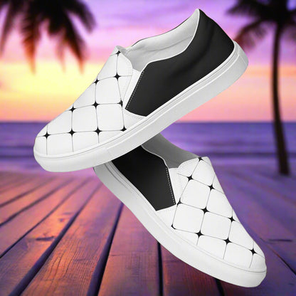 Women’s Custom, Slip-on Canvas Shoes, White with Black Diamond Geometric Pattern, Halftone