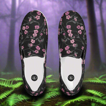 Women’s Custom Slip-on Canvas Shoes, Floral Print, Black Cherry