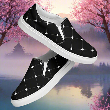 Women’s Custom Designer, Slip-on Canvas Shoes, Black with White Diamond Pattern